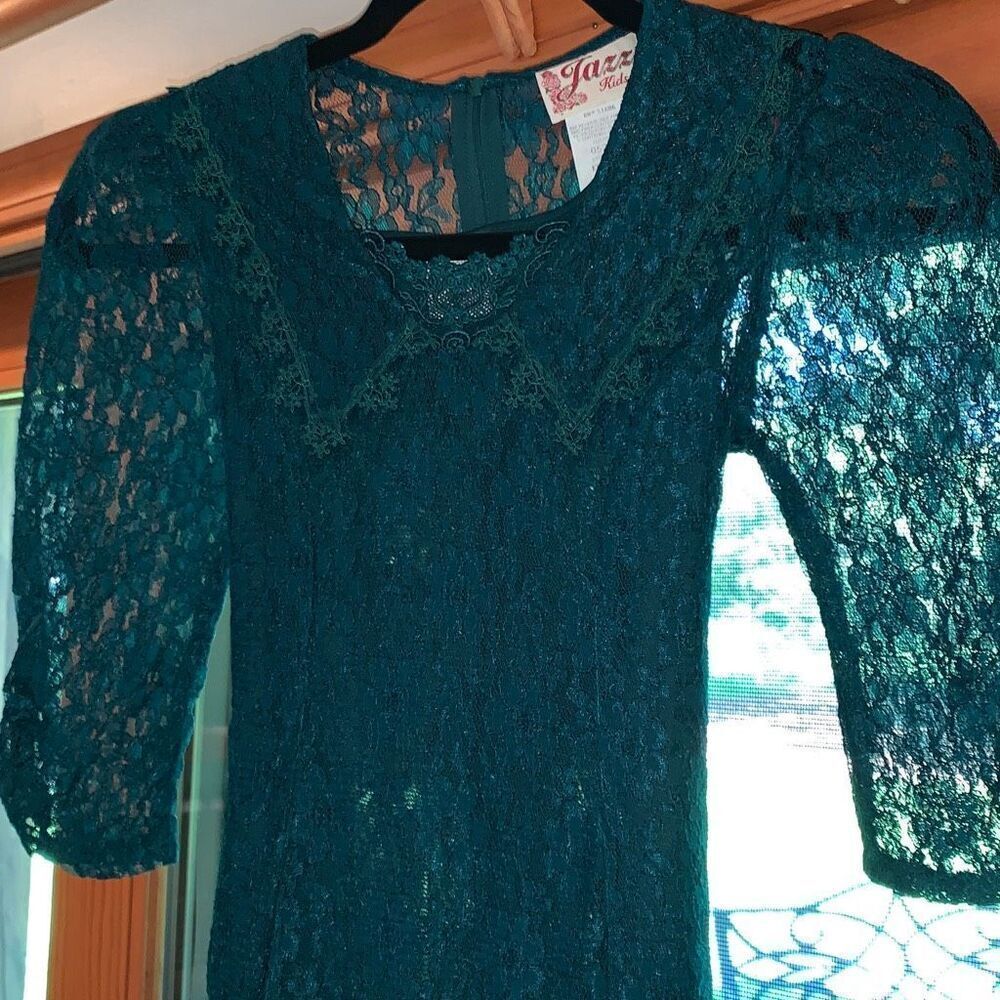 Vintage Jazz Kids Green Sheer Lace Dress Large Collar Double Layered Size 10 Big